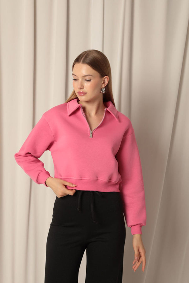 KKT Üç İplik Fermuarlı Kapüşonlu Kısa Kadın Pembe Sweat - Valdemoro