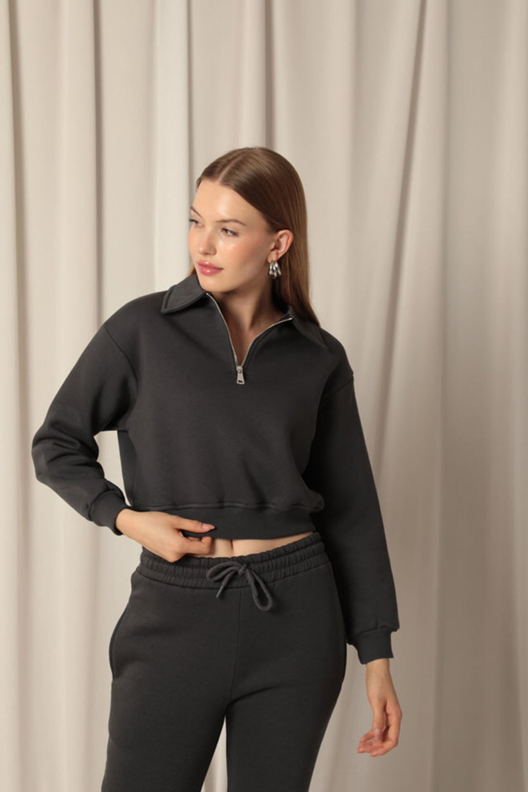 KKT Three Thread Zipper Hooded Short Women's Anthracite Sweat - Soest