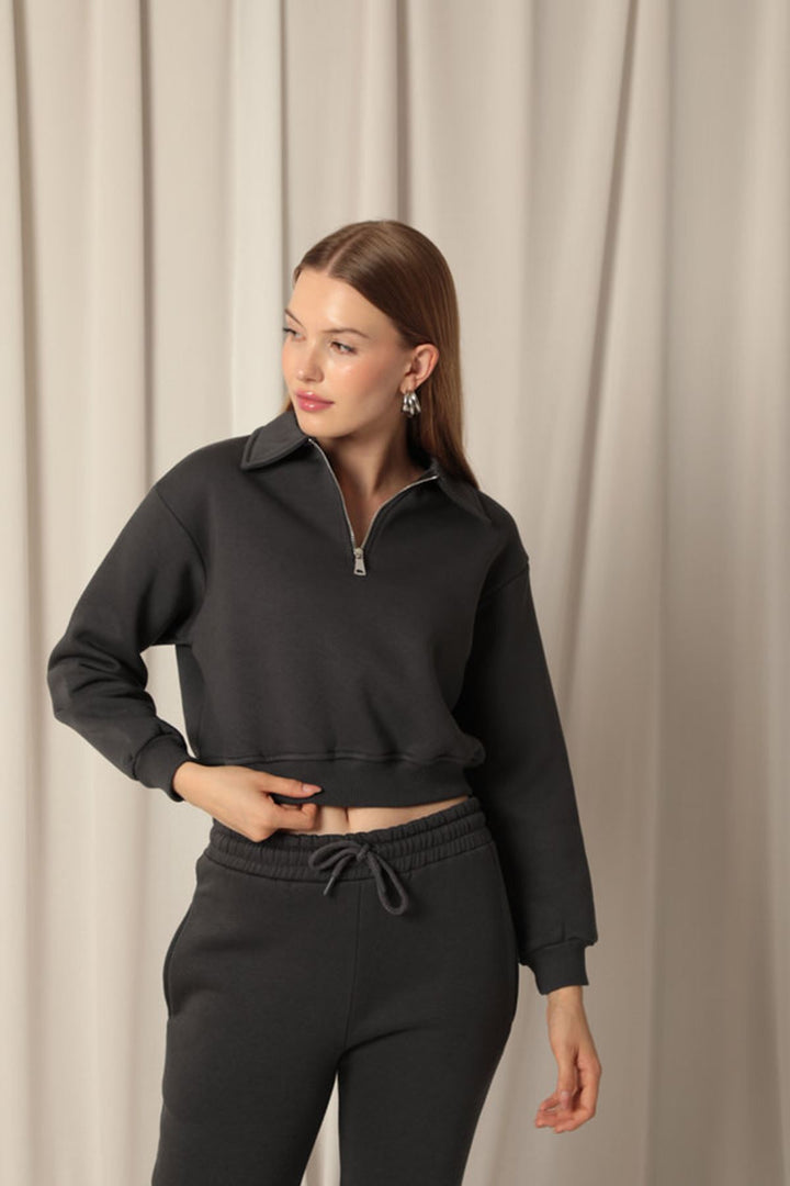 KKT Three Thread Zipper Hooded Short Women's Anthracite Sweat - Soest