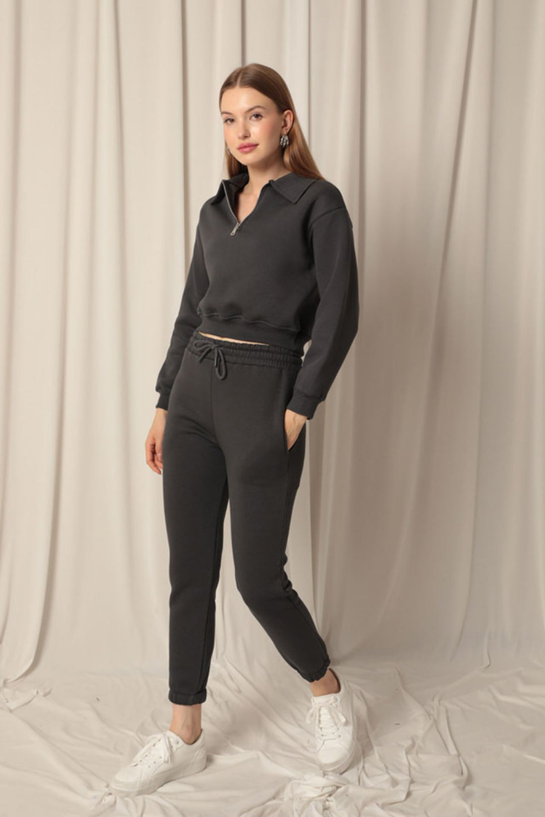 KKT Three Thread Zipper Hooded Short Women's Anthracite Sweat - Soest