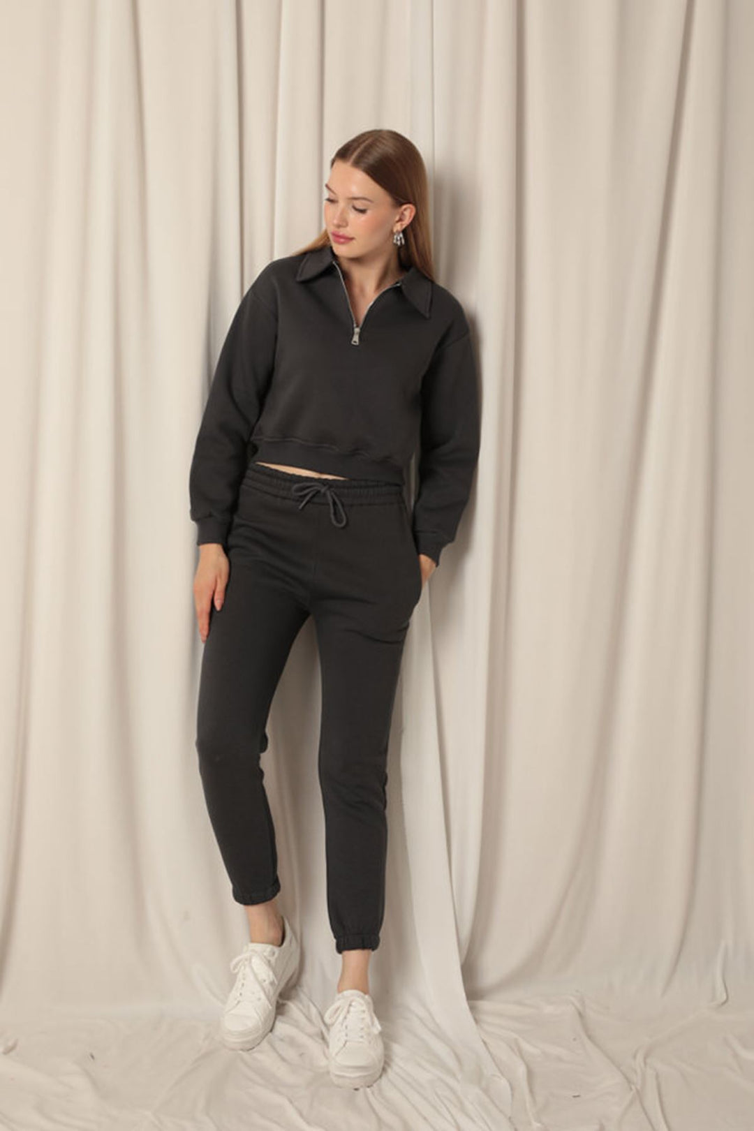 KKT Three Thread Zipper Hooded Short Women's Anthracite Sweat - Soest