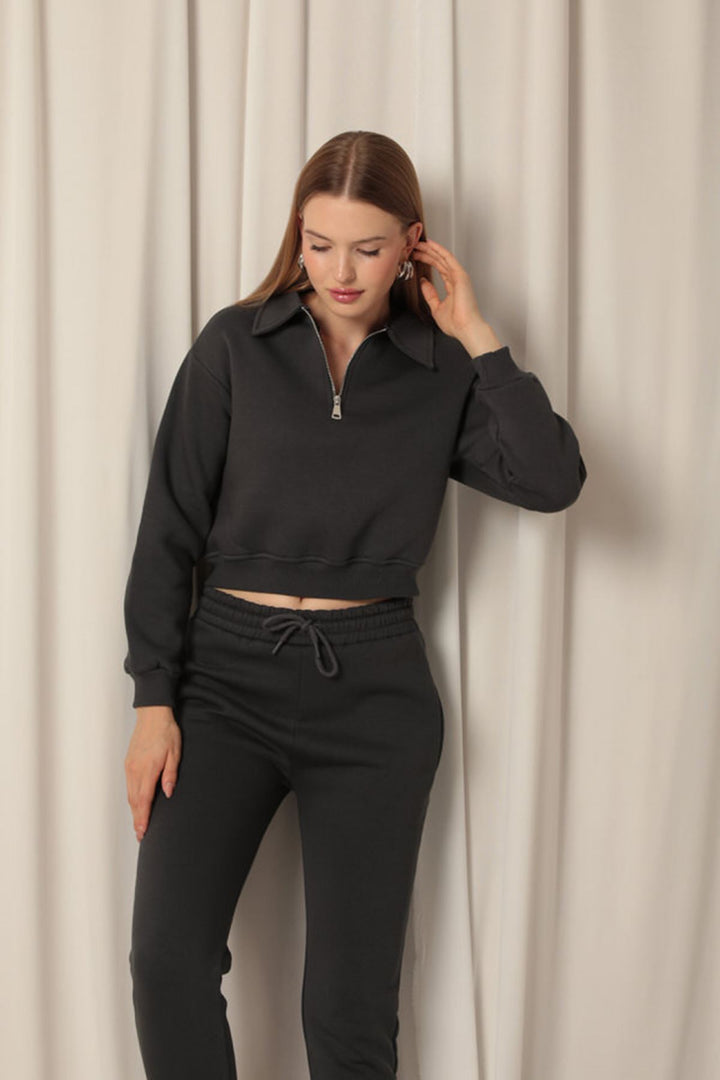 KKT Three Thread Zipper Hooded Short Women's Anthracite Sweat - Soest