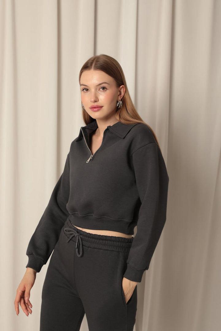 KKT Three Thread Zipper Hooded Short Women's Anthracite Sweat - Soest