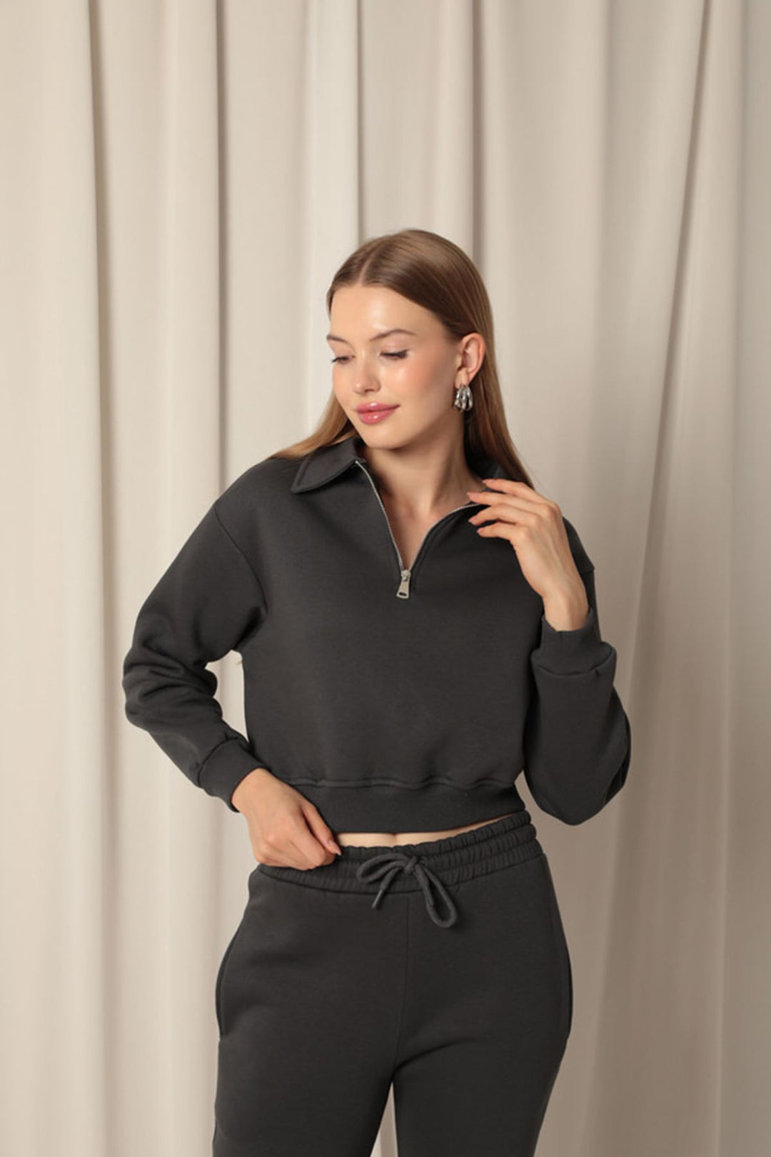KKT Three Thread Zipper Hooded Short Women's Anthracite Sweat - Soest