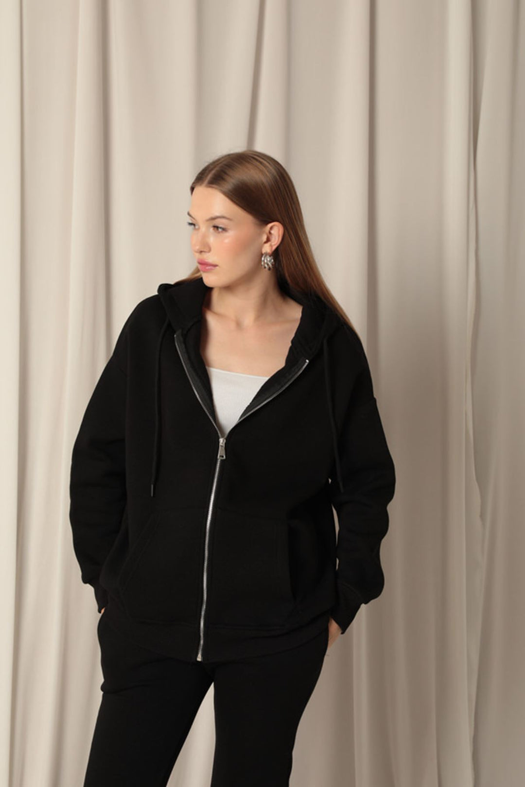 KKT Triple Yarn Kangaroo Pocket Zippered Hooded Women's Black Sweat - Philadelphia