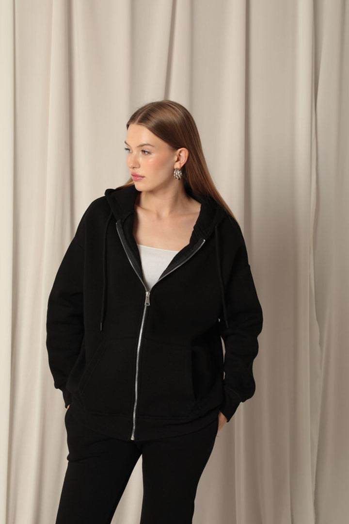 KKT Triple Yarn Kangaroo Pocket Zippered Hooded Women's Black Sweat - Philadelphia
