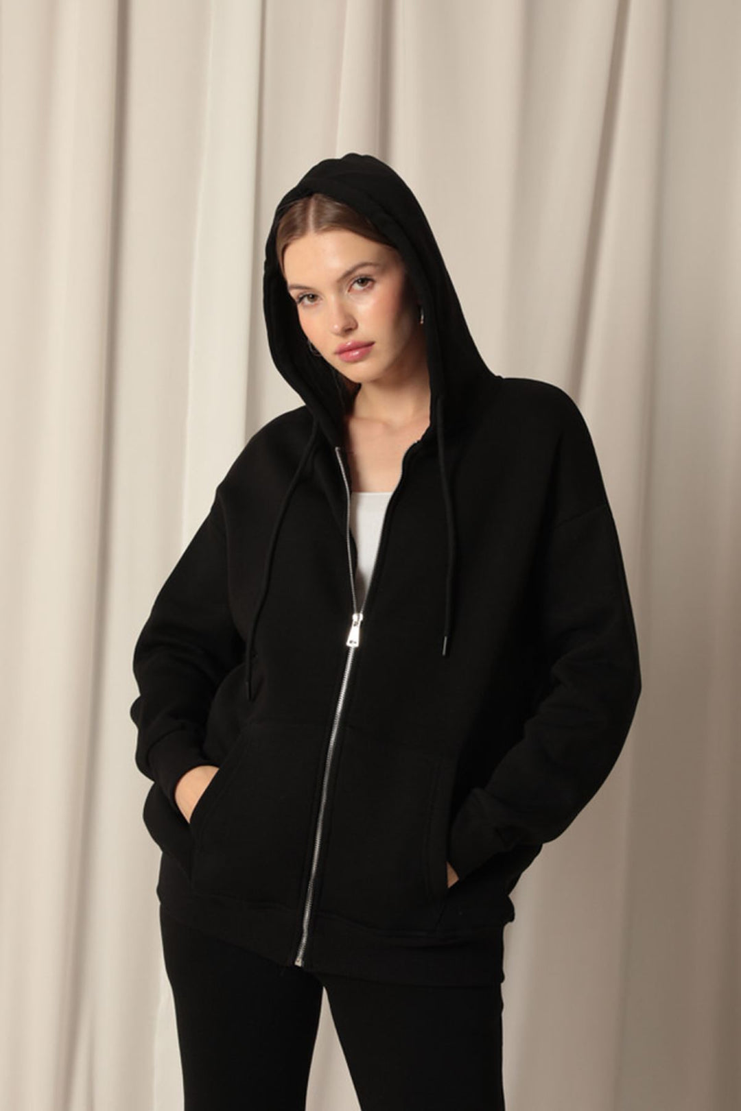 KKT Triple Yarn Kangaroo Pocket Zippered Hooded Women's Black Sweat - Philadelphia