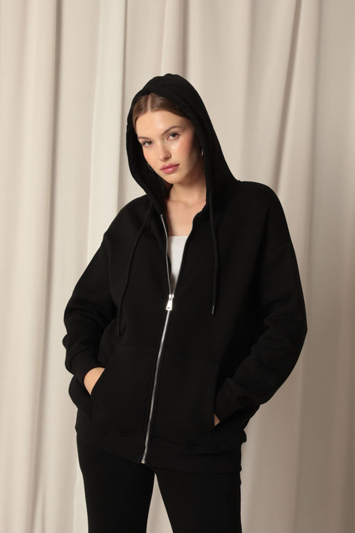 KKT Triple Yarn Kangaroo Pocket Zippered Hooded Women's Black Sweat - Philadelphia