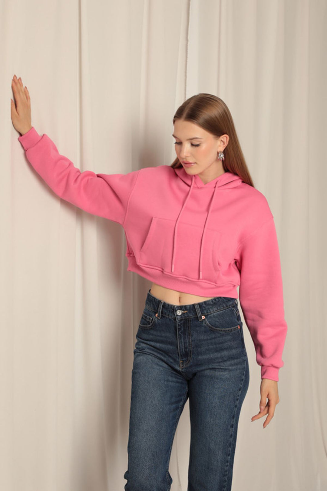KKT Three Thread Fabric Hooded Short Women Pink Sweat - Acaxochitlán