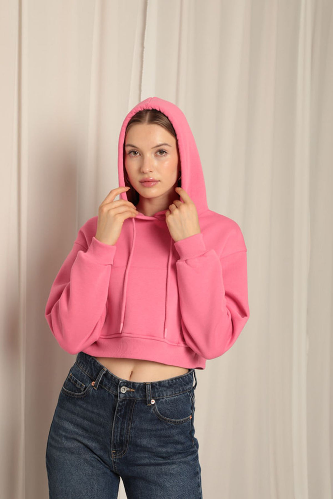 KKT Three Thread Fabric Hooded Short Women Pink Sweat - Acaxochitlán