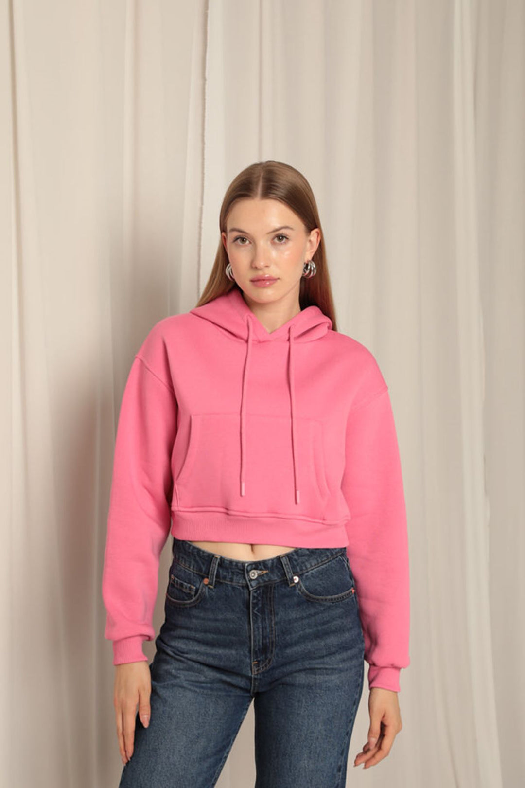 KKT Three Thread Fabric Hooded Short Women Pink Sweat - Acaxochitlán