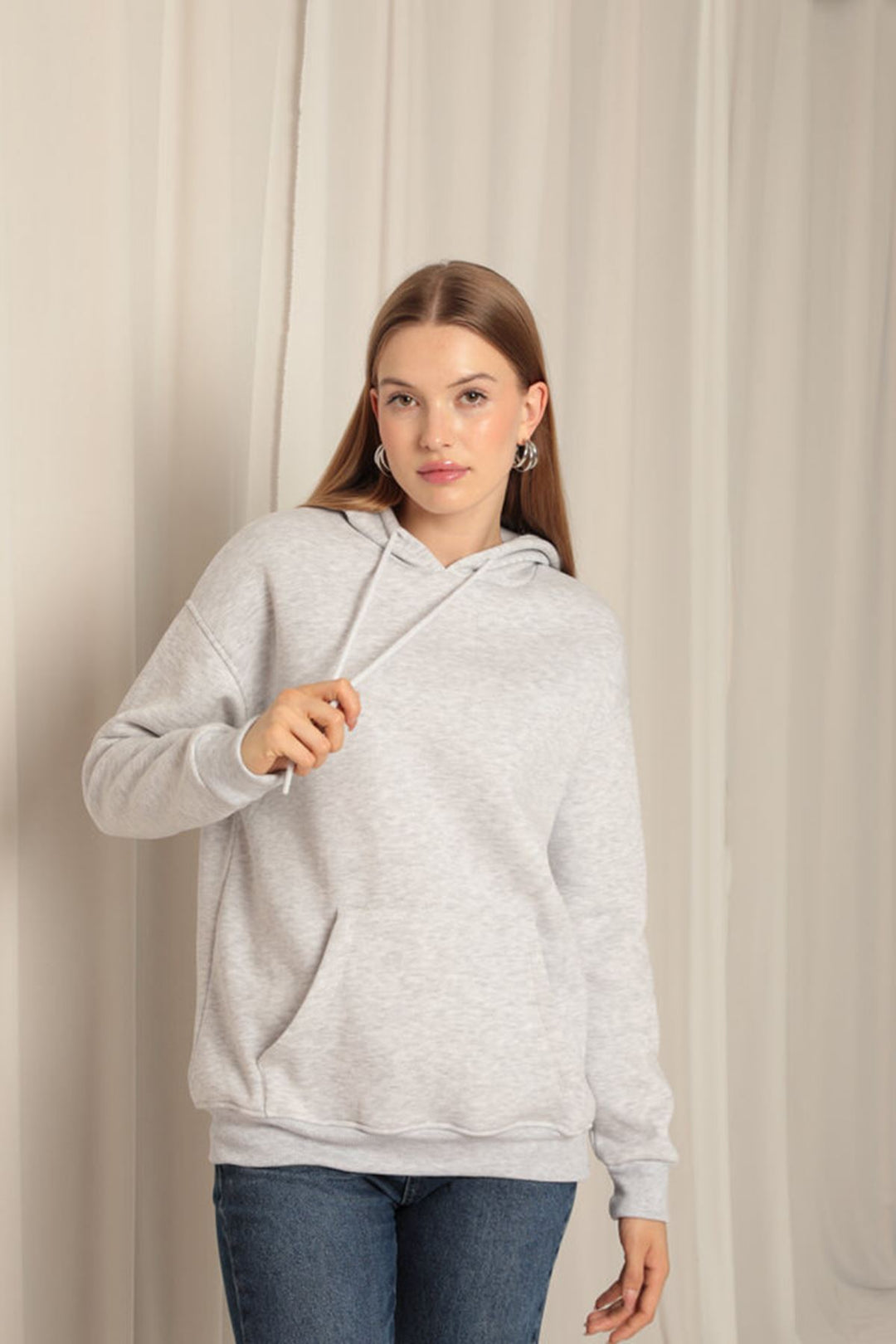 KKT Triple Yarn Kangaroo Pocket Women's Hooded Light Gray Sweat - Shakopee