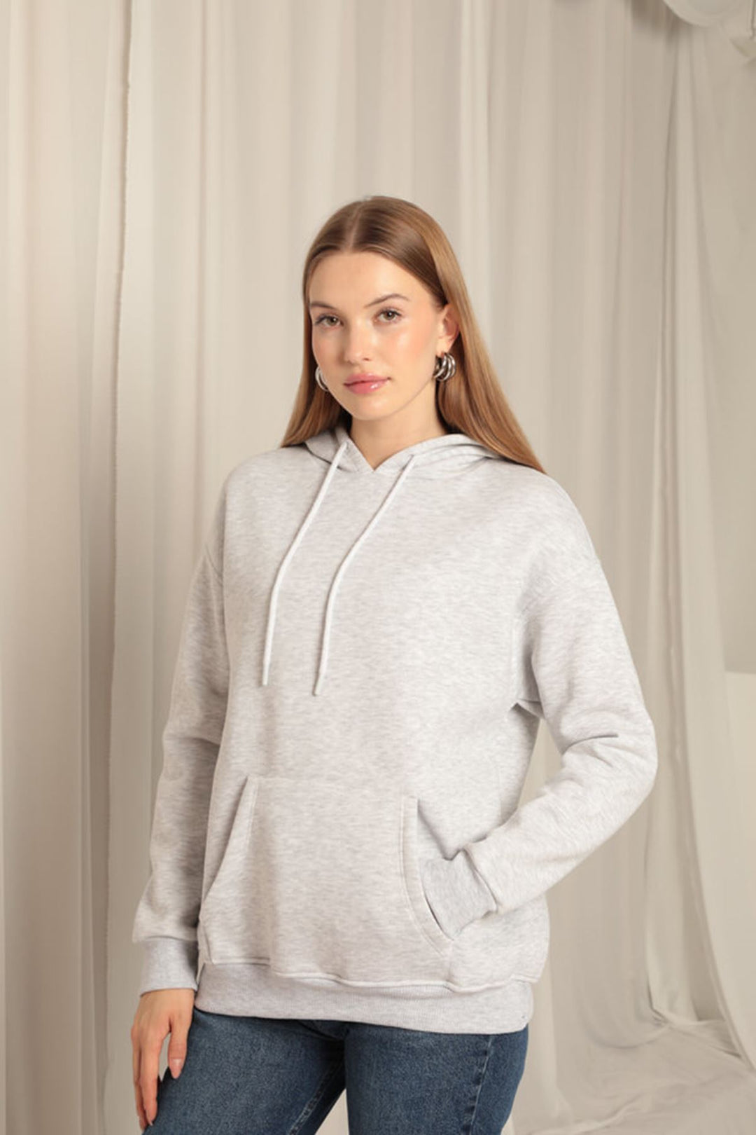 KKT Triple Yarn Kangaroo Pocket Women's Hooded Light Gray Sweat - Shakopee