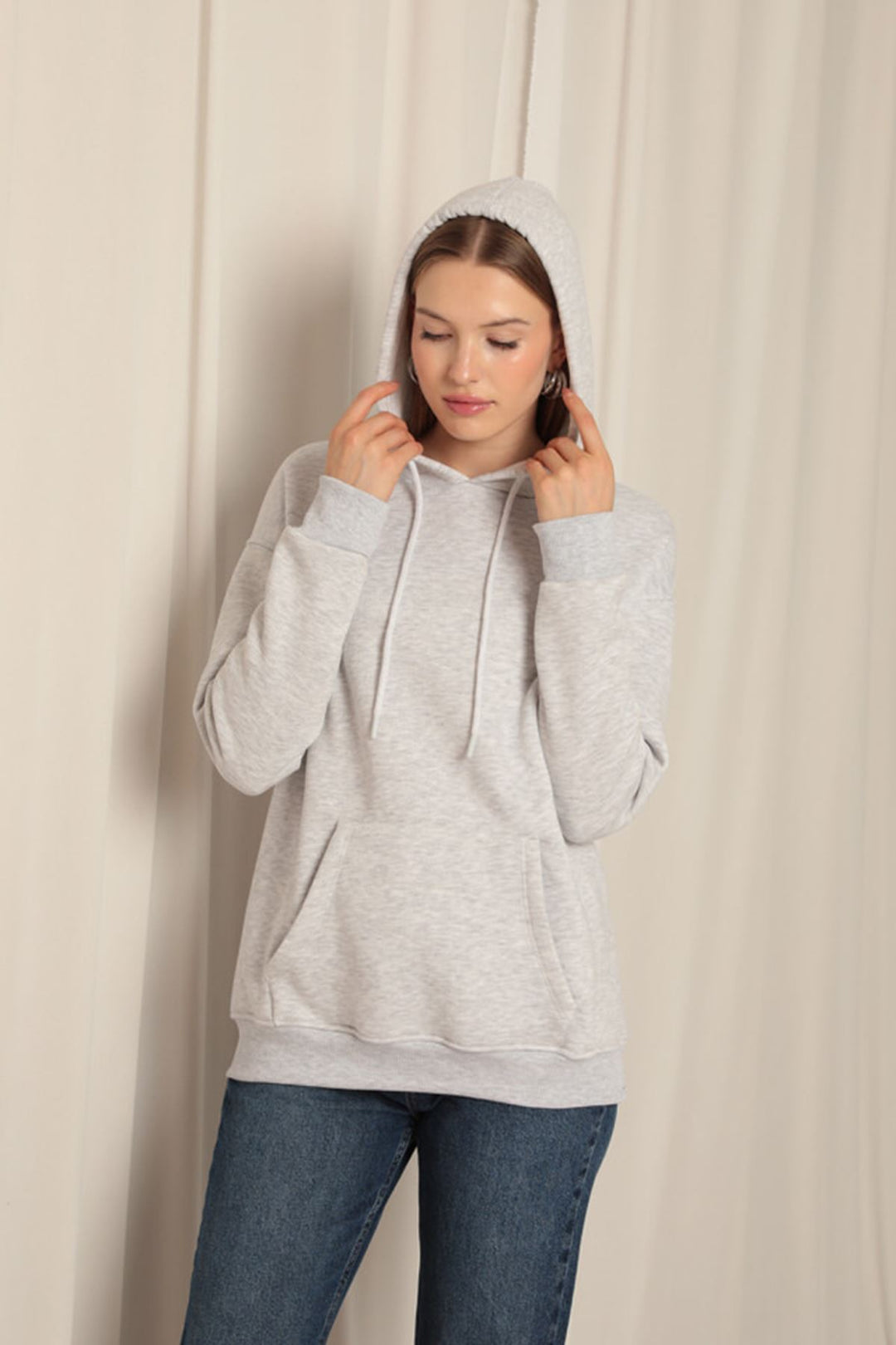 KKT Triple Yarn Kangaroo Pocket Women's Hooded Light Gray Sweat - Shakopee