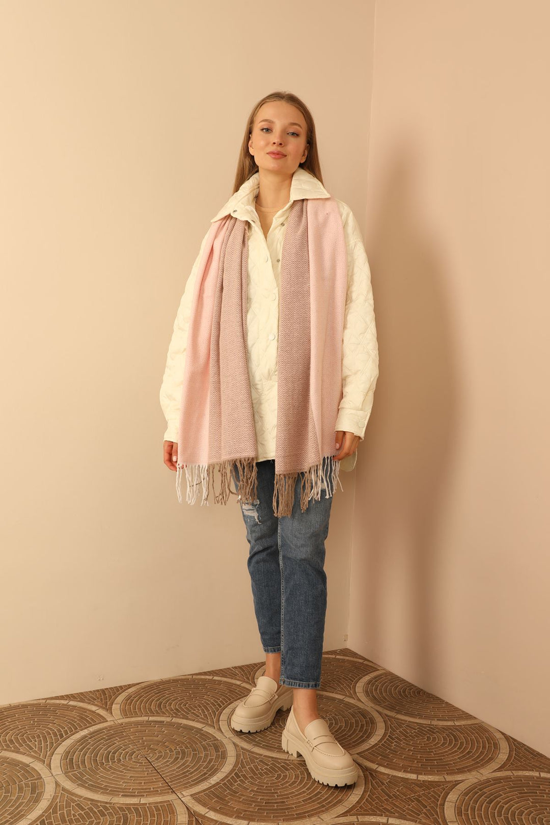 KKT Soft Textured Herringbone Patterned Women's Pink Shoulder Shawl Scarf - Lakewood