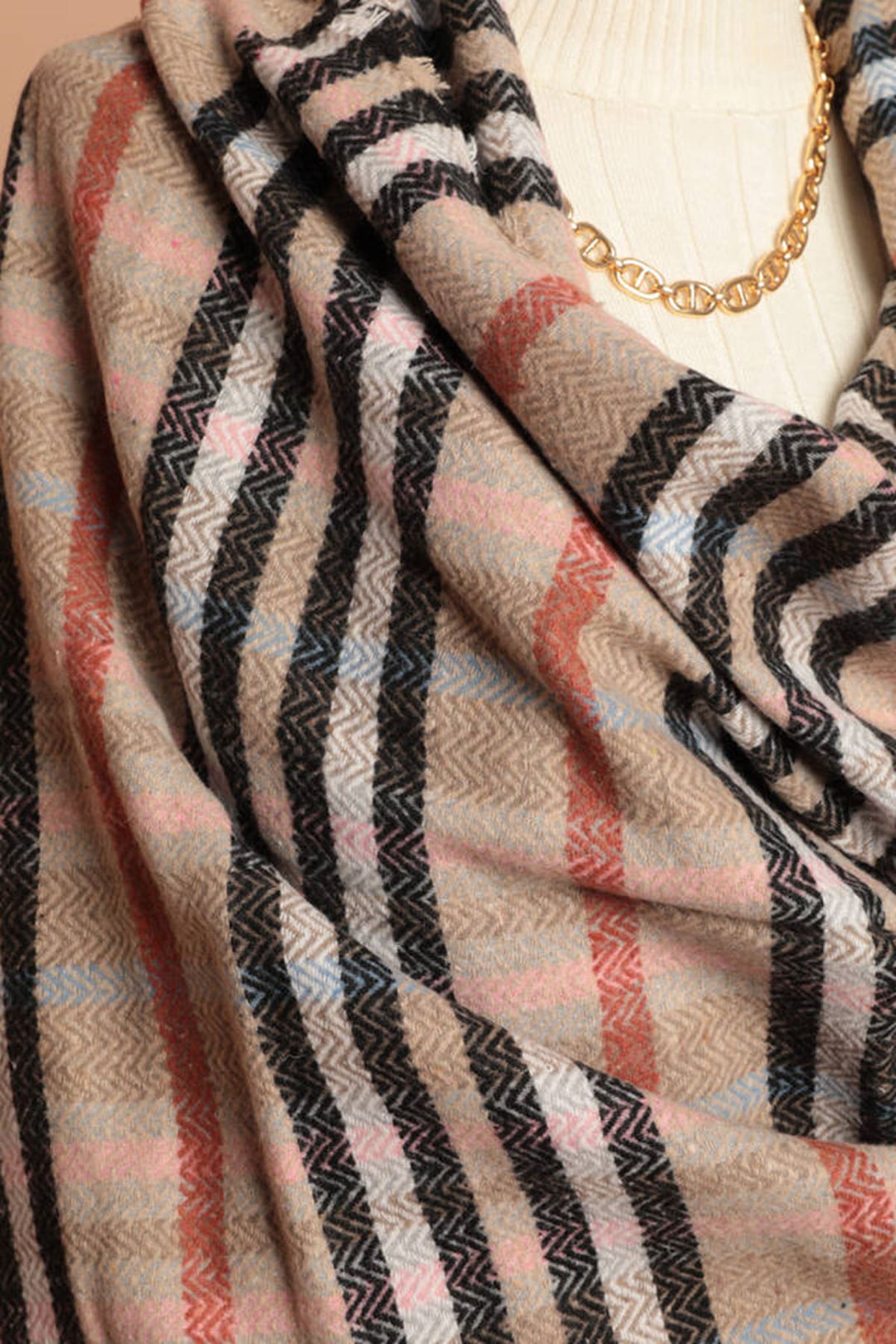 KKT Soft Texture Tassel Striped Women's Camel/Burgundy Shoulder Shawl Scarf - Dunedin