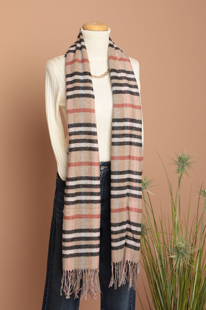 KKT Soft Texture Tassel Striped Women's Camel/Burgundy Shoulder Shawl Scarf - Dunedin