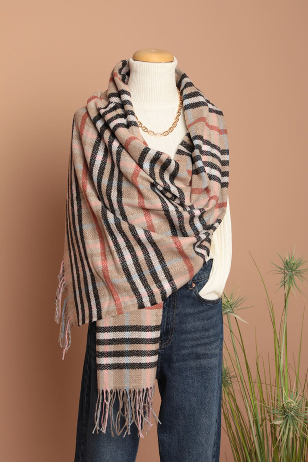 KKT Soft Texture Tassel Striped Women's Camel/Burgundy Shoulder Shawl Scarf - Dunedin