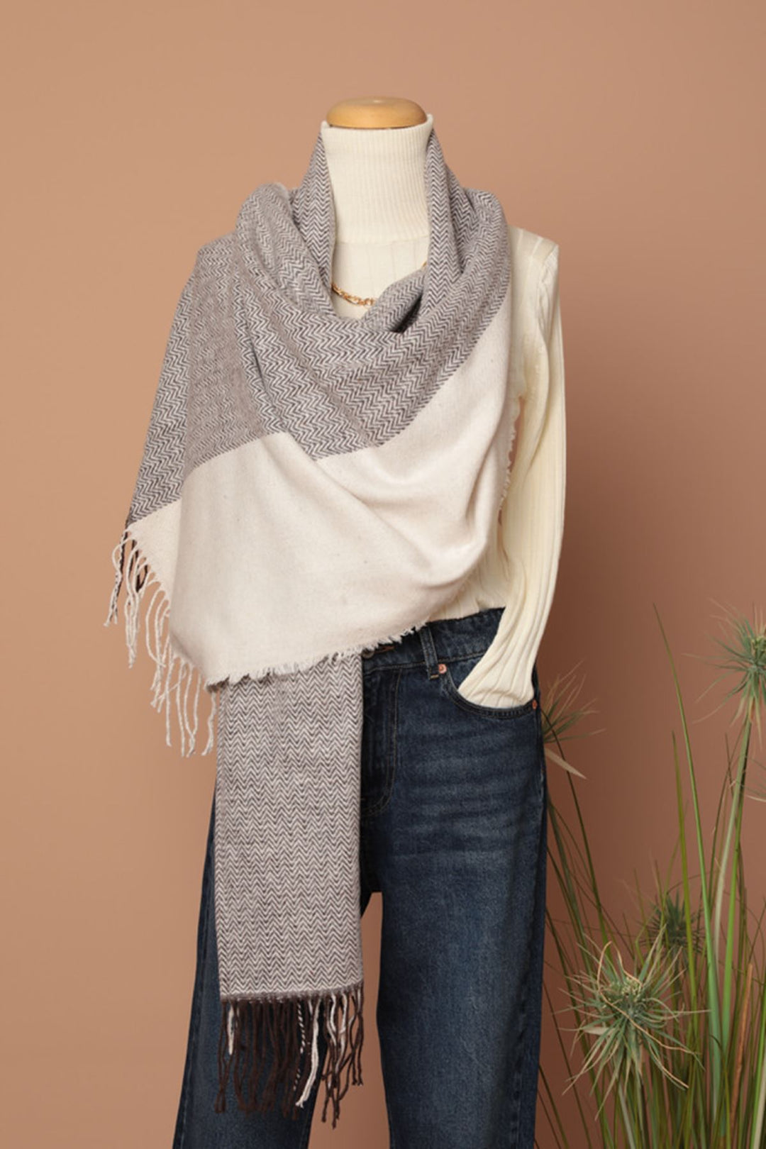 KKT Soft Textured Herringbone Patterned Women's Mink Shoulder Shawl Scarf - Clinton
