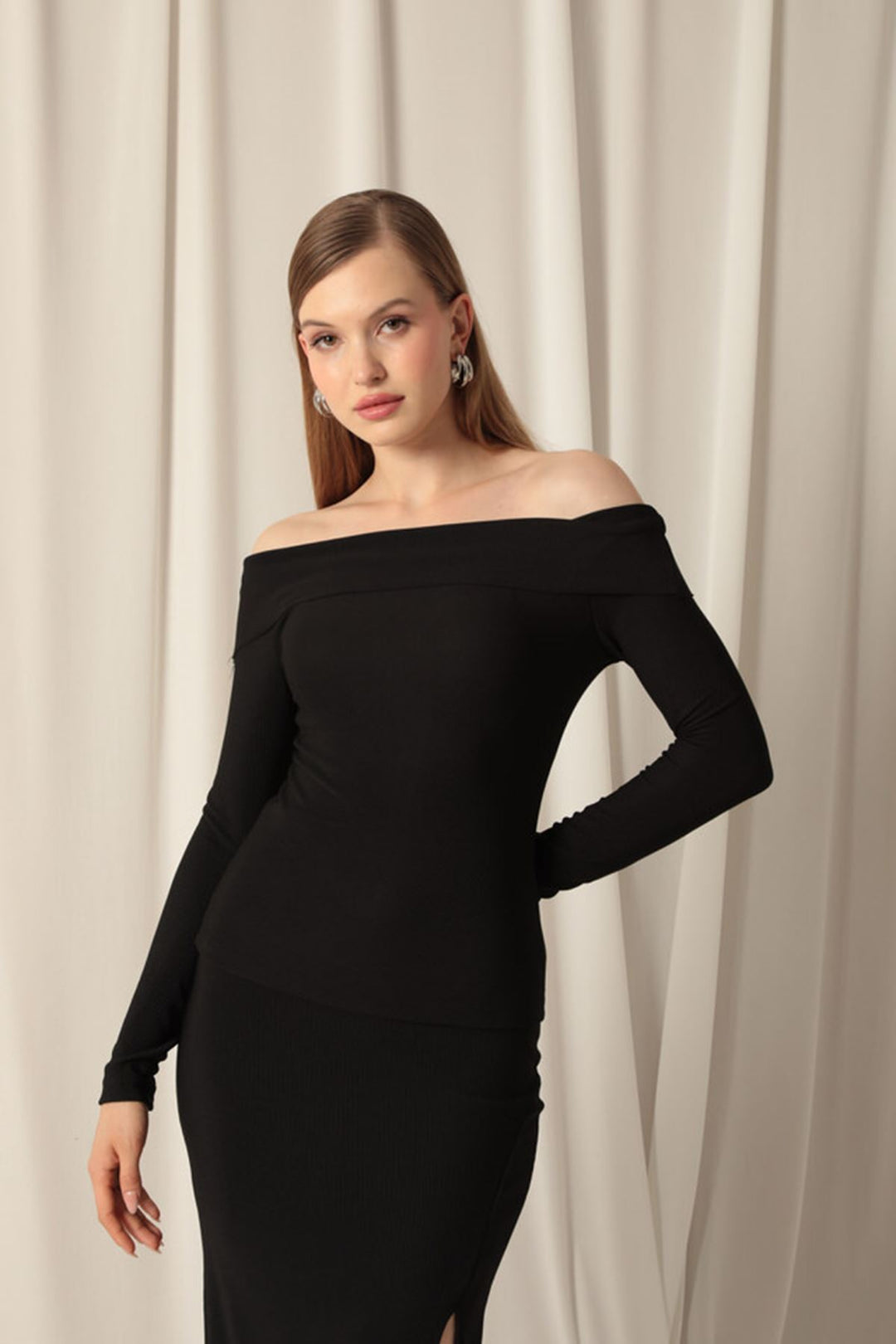 KKT Ottoman Fabric Madonna Collar Women's Black Blouse - Joliet