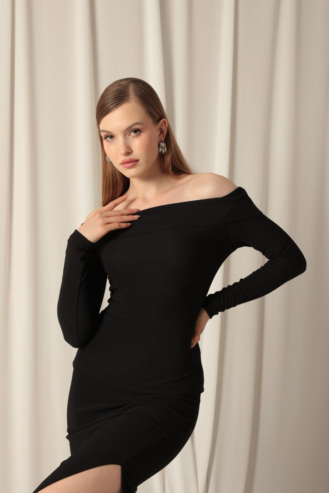 KKT Ottoman Fabric Madonna Collar Women's Black Blouse - Joliet