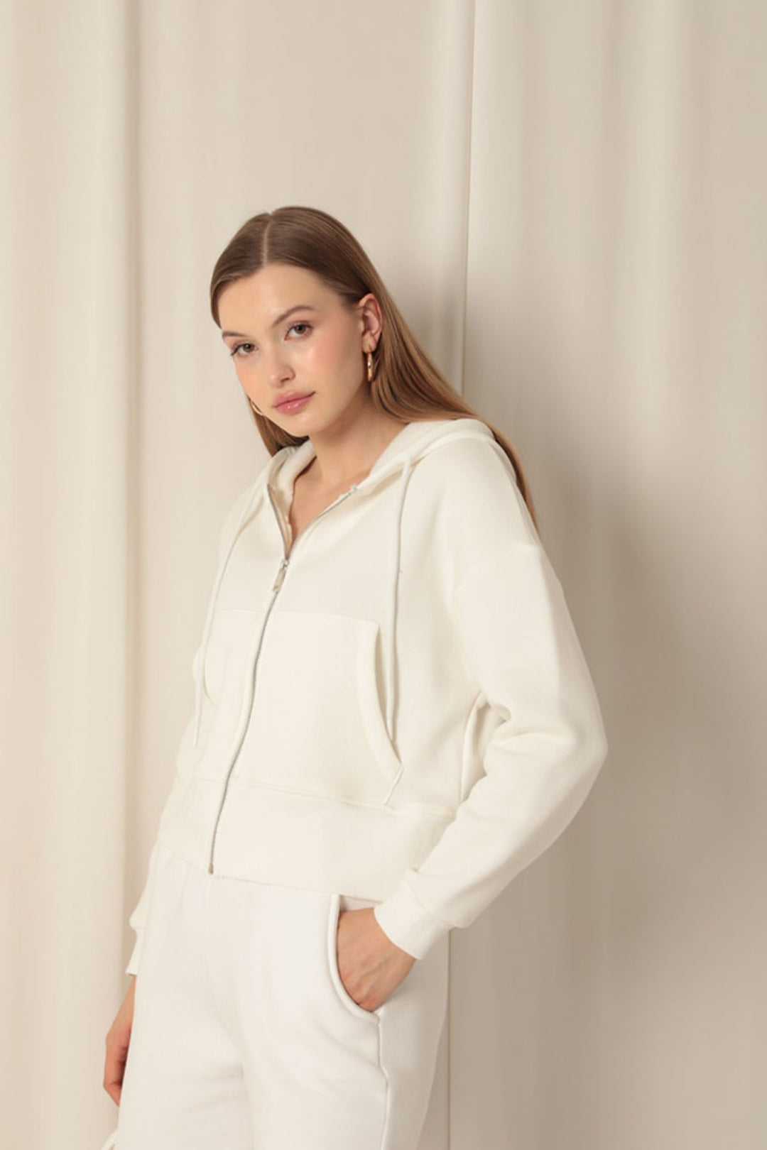 KKT Triple-Thread Zippered Hooded Short Ecru Sweat - Guadalajara