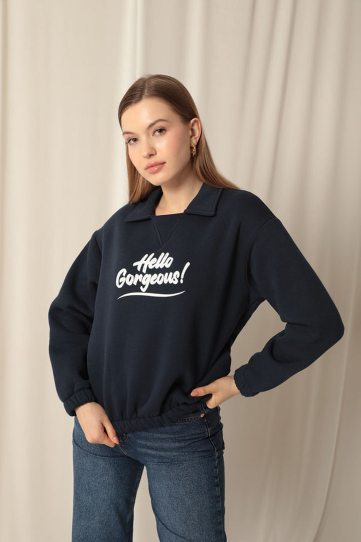 KKT Three Thread Fabric Hello Printed Women's Navy Blue Sweat - Mulhouse