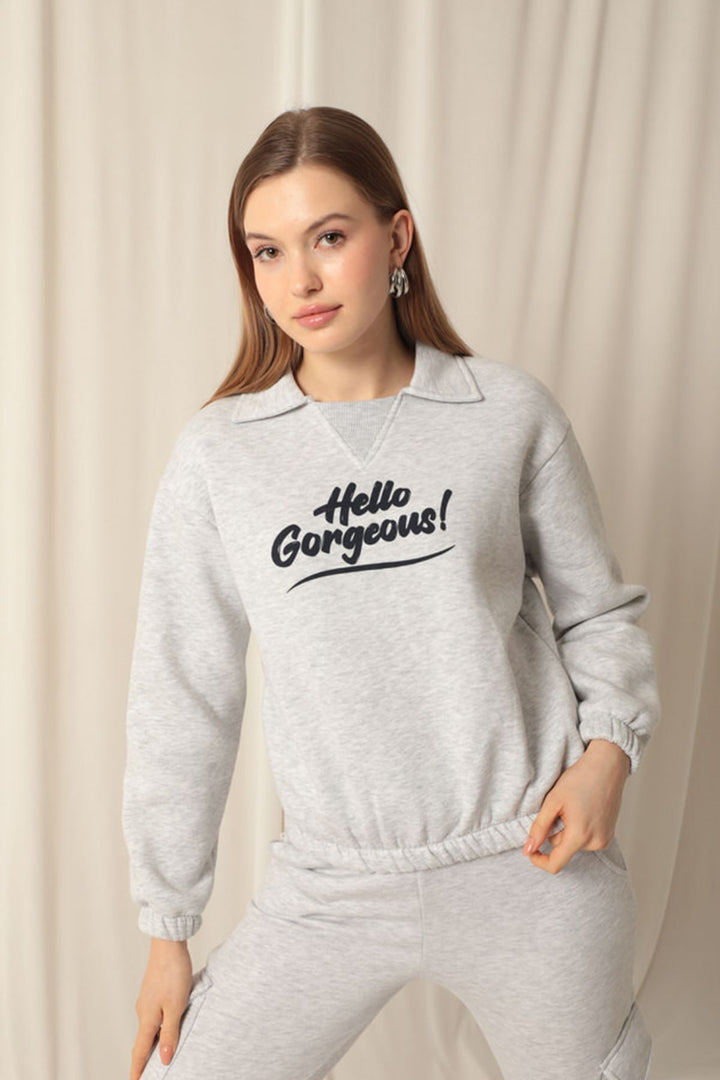 KKT Three Thread Fabric Hello Printed Women's Gray Sweat - Braintree