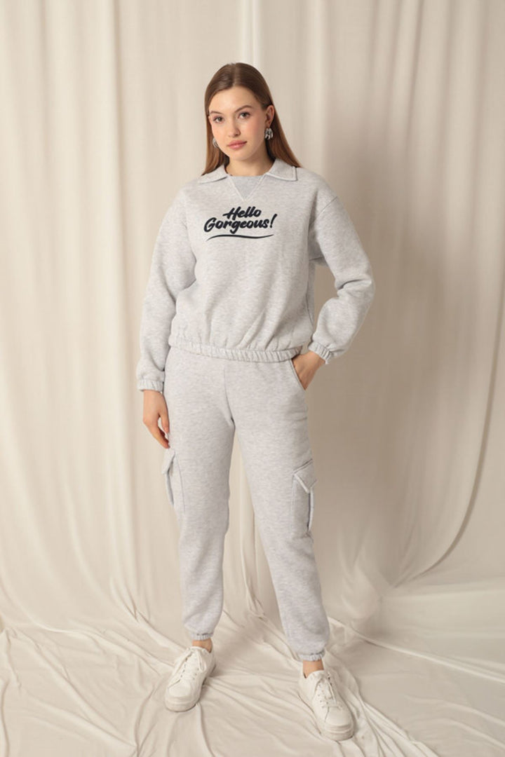 KKT Three Thread Fabric Hello Printed Women's Gray Sweat - Braintree