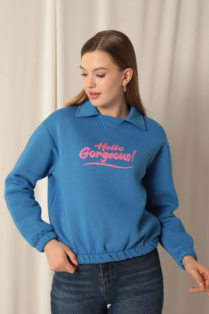 KKT Three Thread Fabric Hello Printed Women's Blue Sweat - Coachella