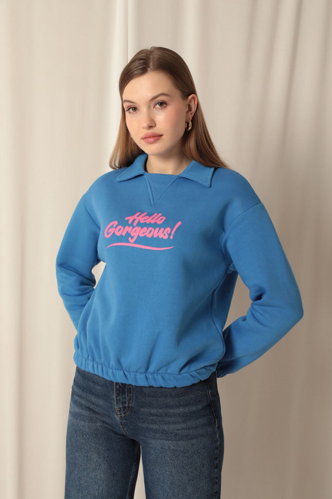 KKT Three Thread Fabric Hello Printed Women's Blue Sweat - Coachella