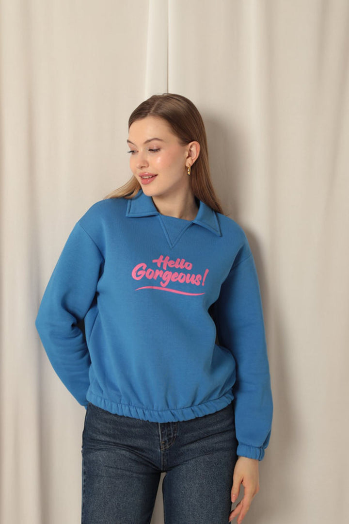 KKT Three Thread Fabric Hello Printed Women's Blue Sweat - Coachella