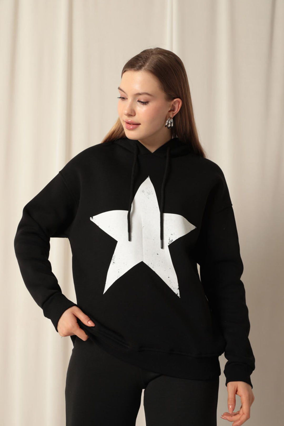 KKT Three Thread Star Printed Hooded Women's Black Sweat - Caivano