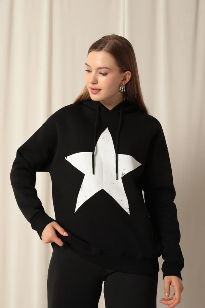 KKT Three Thread Star Printed Hooded Women's Black Sweat - Caivano