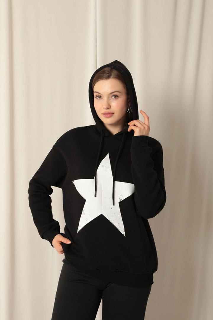 KKT Three Thread Star Printed Hooded Women's Black Sweat - Caivano