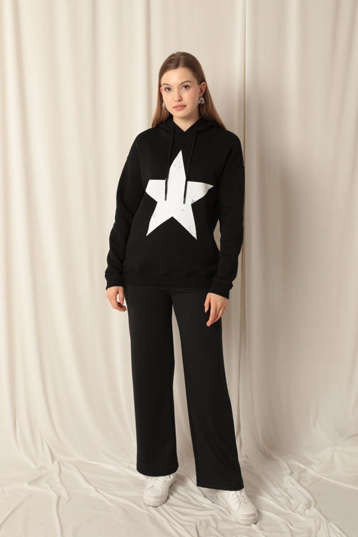 KKT Three Thread Star Printed Hooded Women's Black Sweat - Caivano