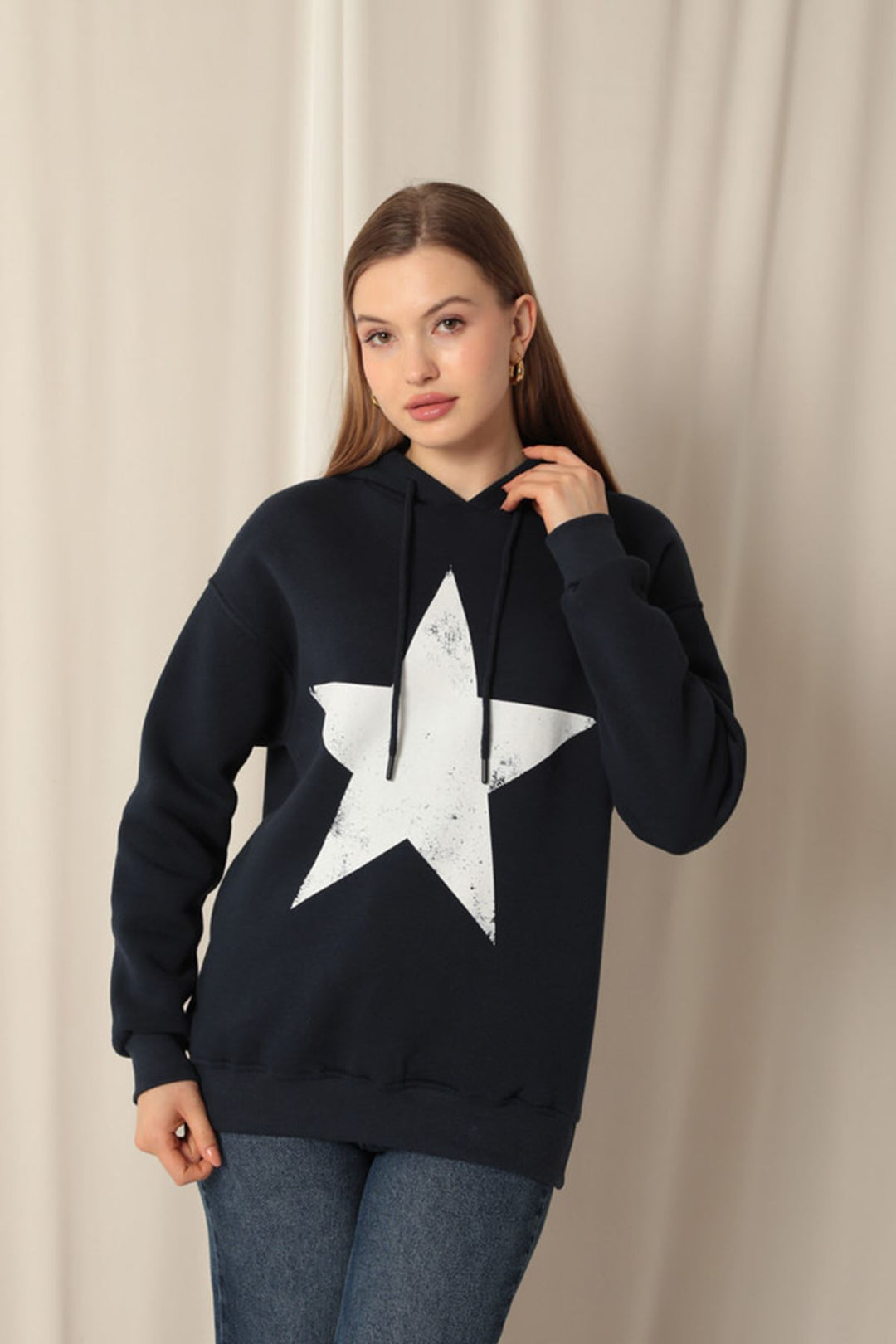 KKT Three Thread Star Printed Hooded Women's Navy Blue Sweat - Coyotepec