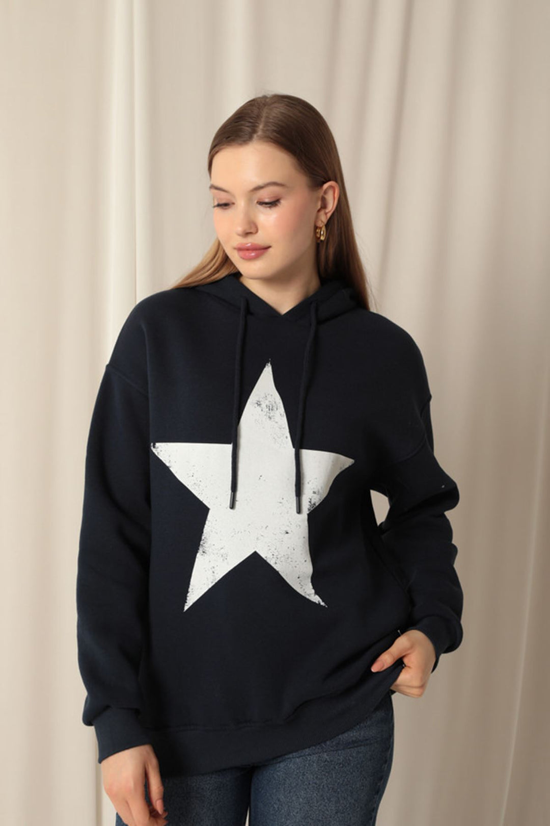 KKT Three Thread Star Printed Hooded Women's Navy Blue Sweat - Coyotepec
