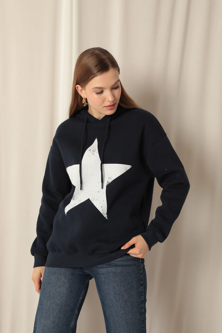 KKT Three Thread Star Printed Hooded Women's Navy Blue Sweat - Coyotepec