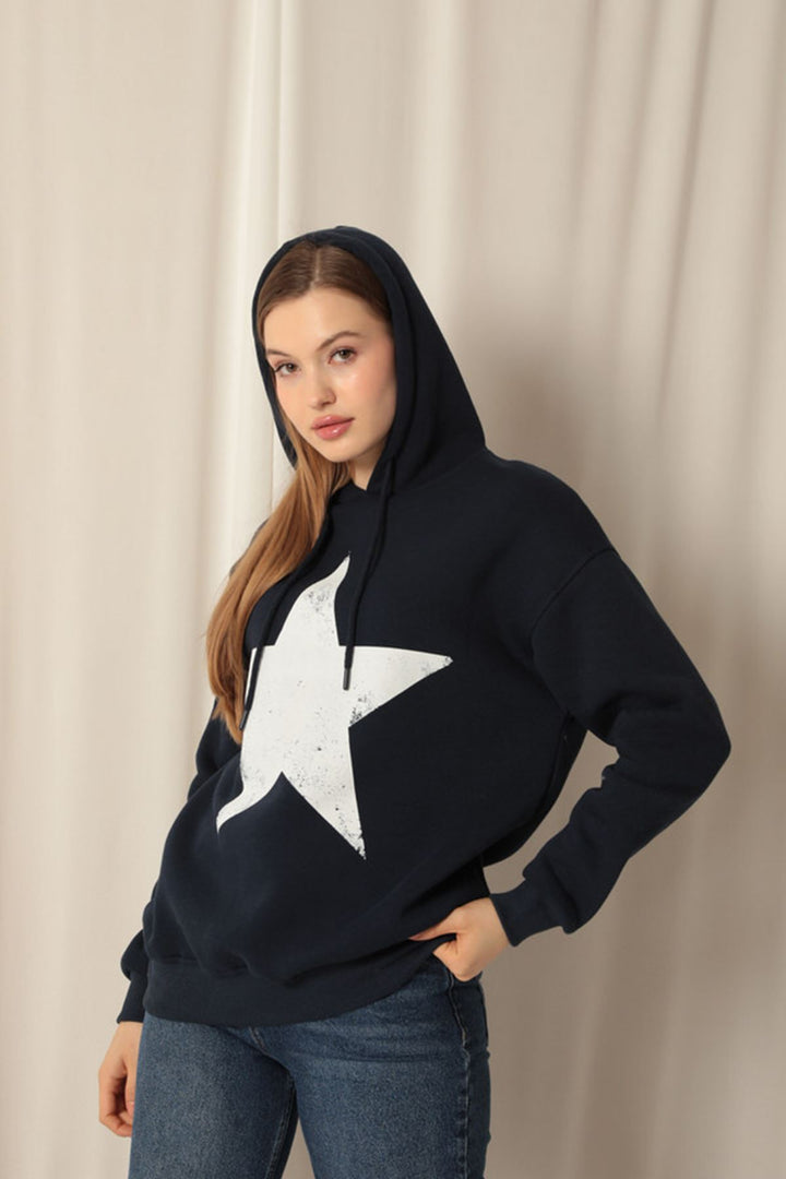 KKT Three Thread Star Printed Hooded Women's Navy Blue Sweat - Coyotepec