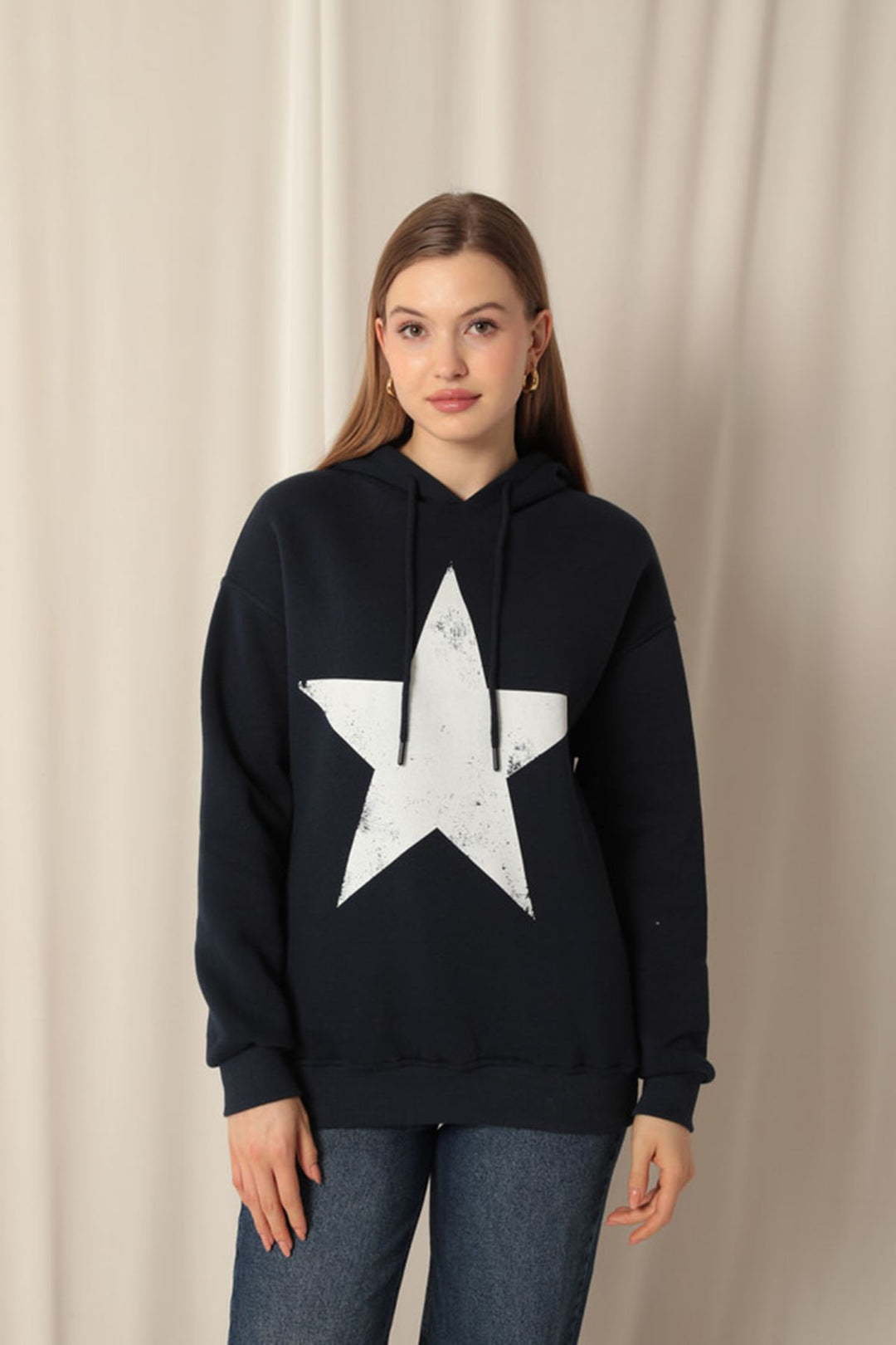 KKT Three Thread Star Printed Hooded Women's Navy Blue Sweat - Coyotepec