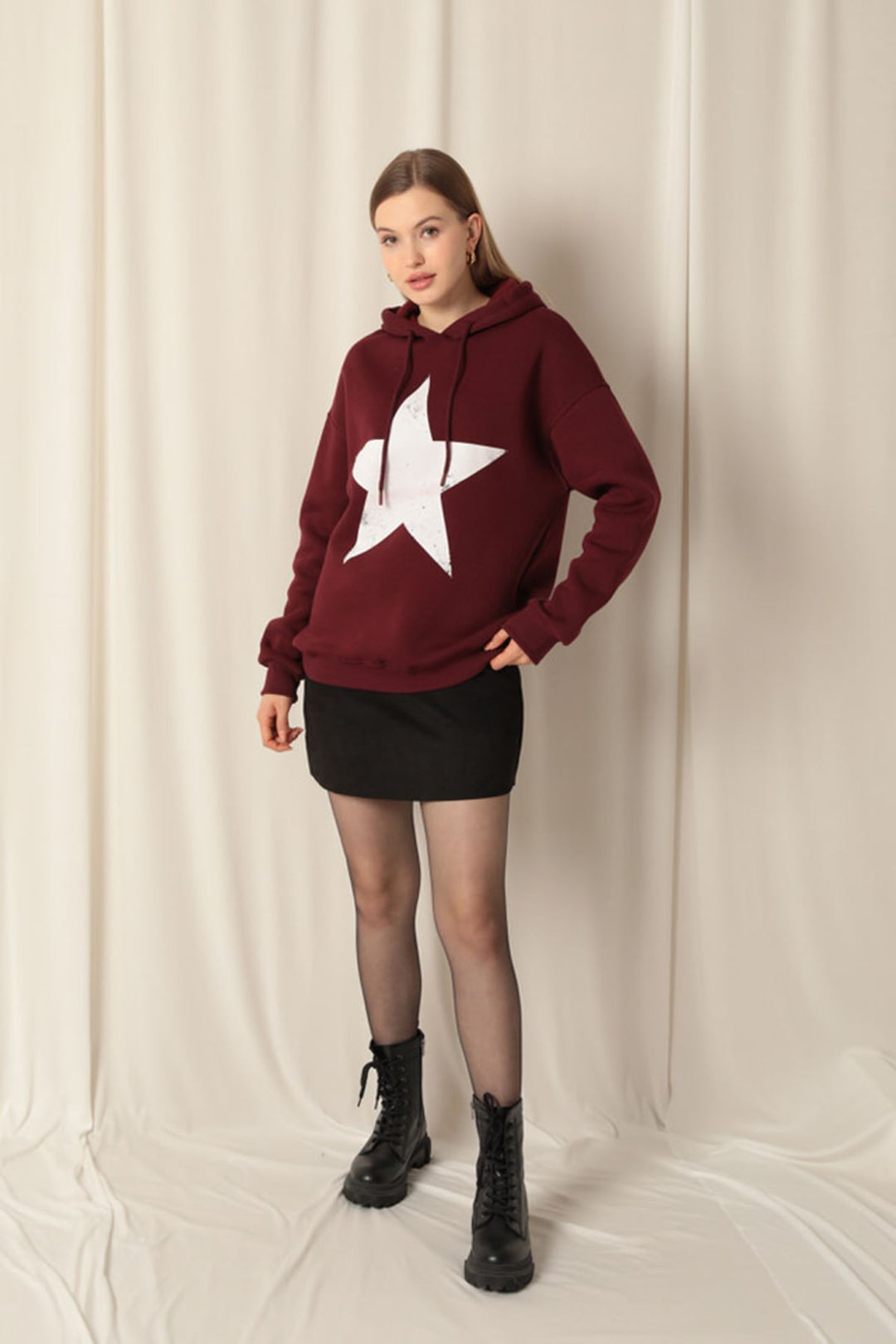 KKT Three Thread Star Printed Hooded Women's Burgundy Sweat - Arnsberg