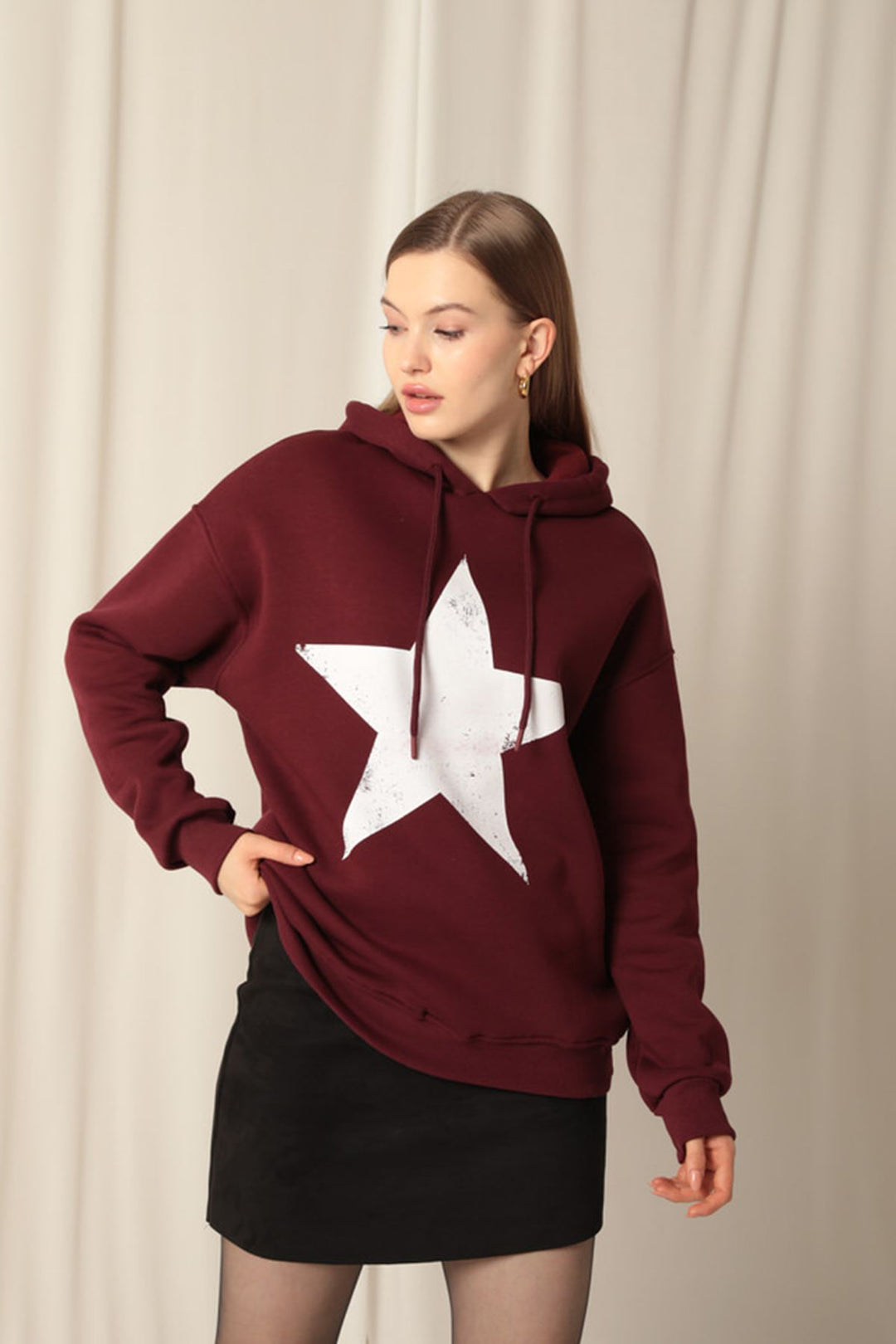 KKT Three Thread Star Printed Hooded Women's Burgundy Sweat - Arnsberg