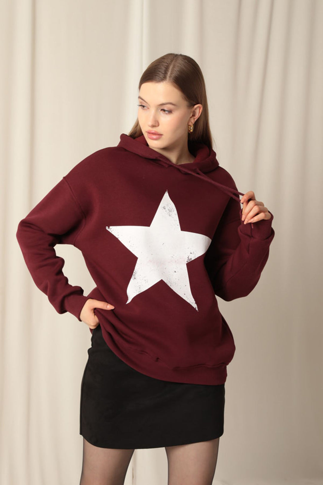KKT Three Thread Star Printed Hooded Women's Burgundy Sweat - Arnsberg