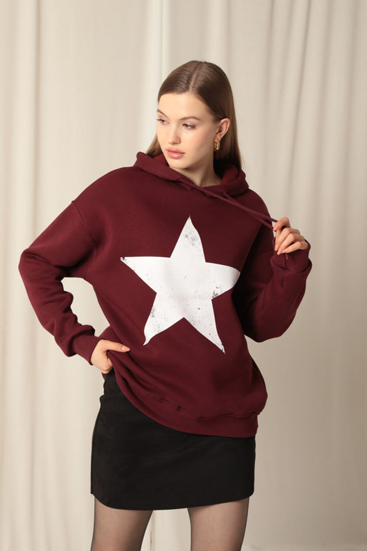 KKT Three Thread Star Printed Hooded Women's Burgundy Sweat - Arnsberg