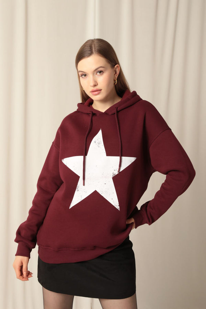 KKT Three Thread Star Printed Hooded Women's Burgundy Sweat - Arnsberg