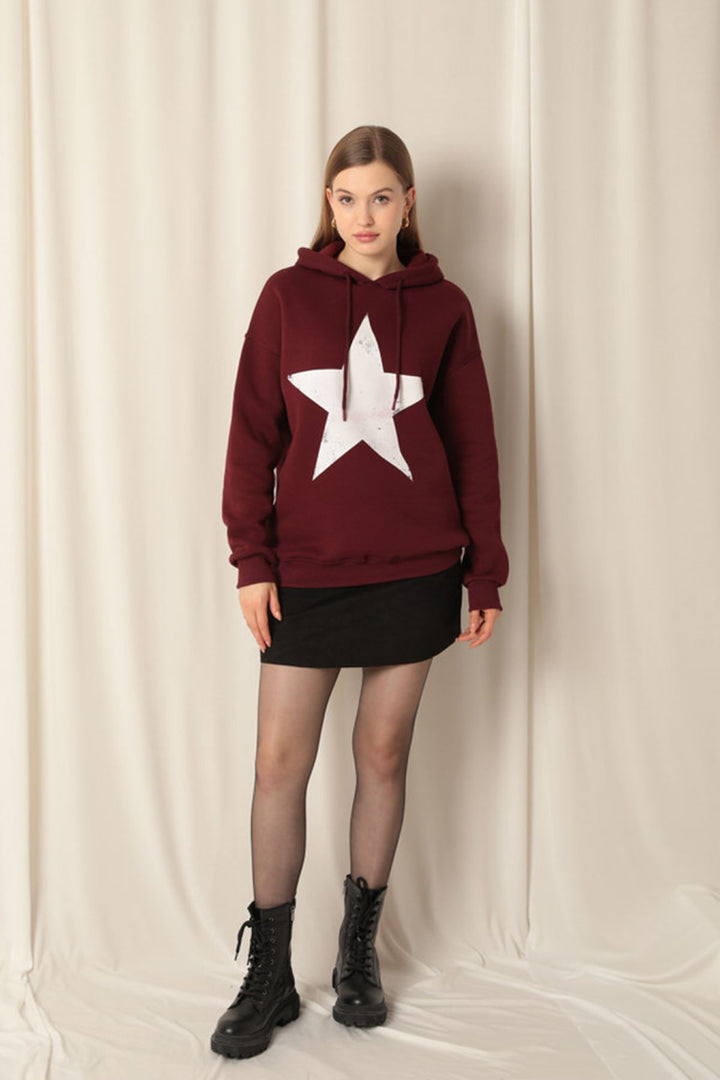 KKT Three Thread Star Printed Hooded Women's Burgundy Sweat - Arnsberg