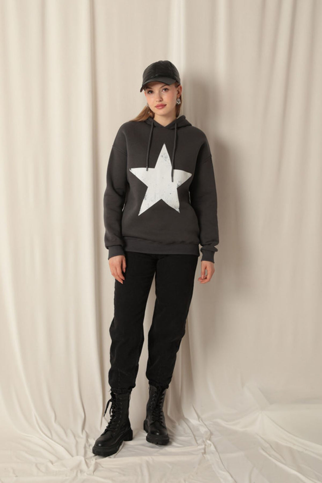 KKT Three Thread Star Printed Hooded Women's Anthracite Sweat - Oakland Park
