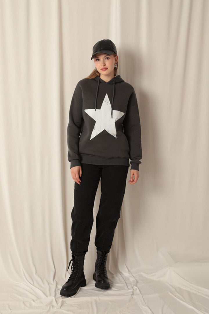 KKT Three Thread Star Printed Hooded Women's Anthracite Sweat - Oakland Park