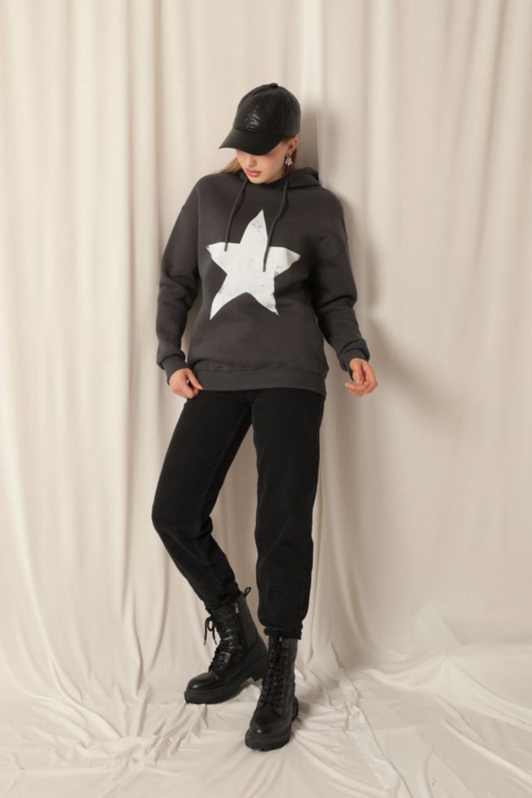 KKT Three Thread Star Printed Hooded Women's Anthracite Sweat - Oakland Park